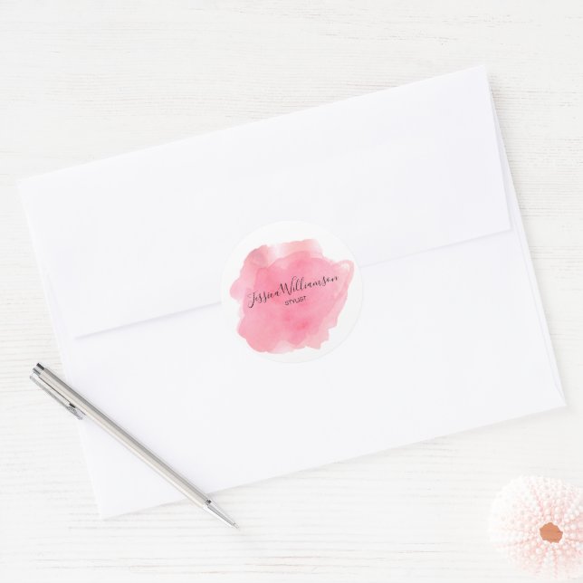 Chic watercolor pink business name  classic round sticker (Envelope)