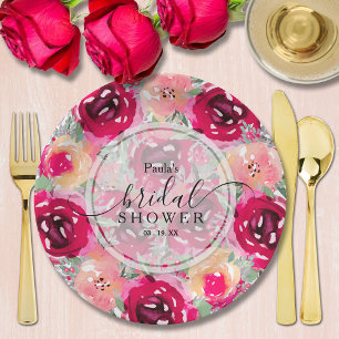 Chic Watercolor Pink Floral Bridal Shower Paper Plate