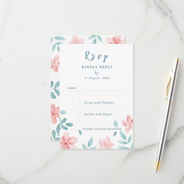 Chic Watercolor Pink Floral Invitation RSVP Cards (Front/Back In Situ)