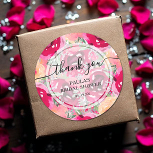 Chic Watercolor Pink Flowers Thank You Classic Round Sticker