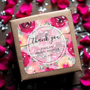 Chic Watercolor Pink Flowers Thank You Square Sticker