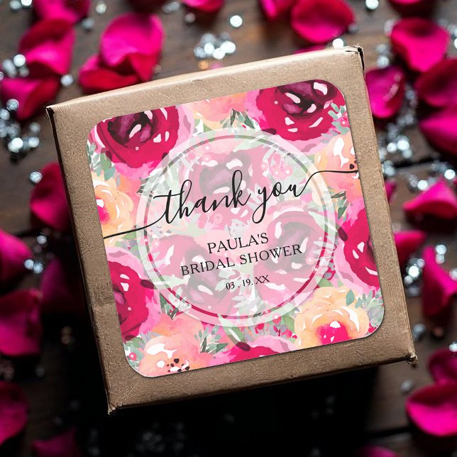 Chic Watercolor Pink Flowers Thank You Square Sticker (Watercolor hot pink and cream flowers thank you bridal shower square  stickers)