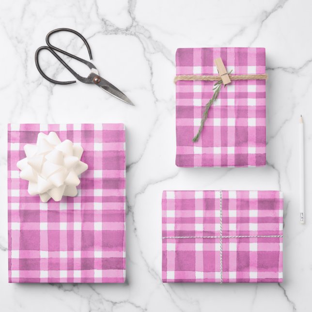 Chic Watercolor Pink Plaid pattern  Wrapping Paper Sheet (Front)