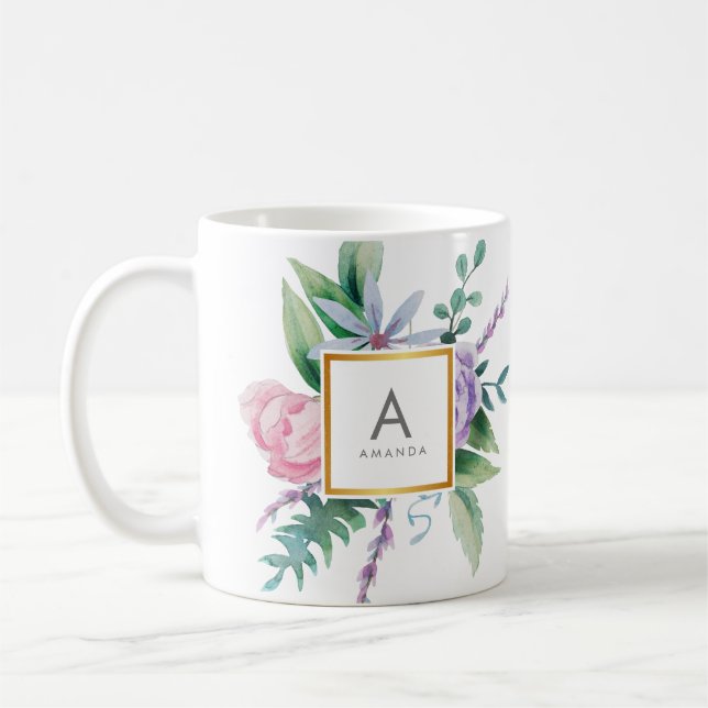 Chic Watercolor Pink Purple Peony Flowers Monogram Coffee Mug (Left)