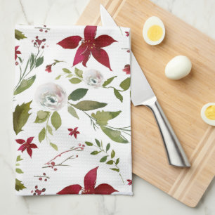 Chic Watercolor Poinsettia Floral Monogram Tea Towel