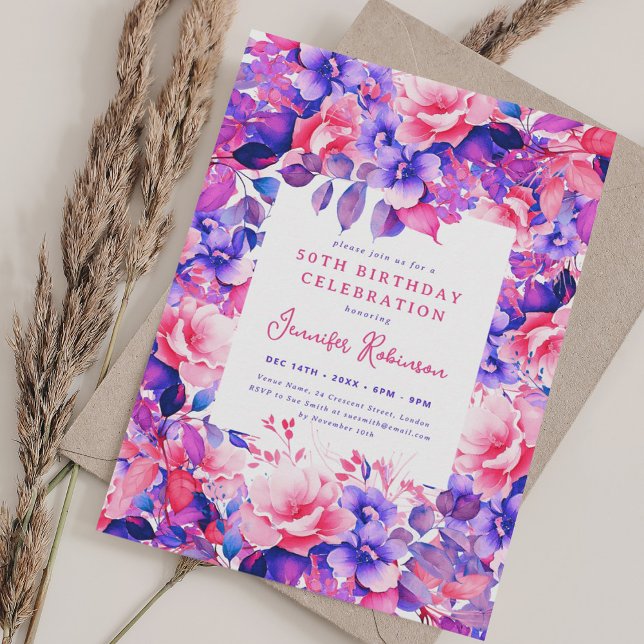 Chic Watercolor Purple Floral 50th Birthday Party  Invitation (Chic Watercolor Purple Floral 50th Birthday Party Invitation)