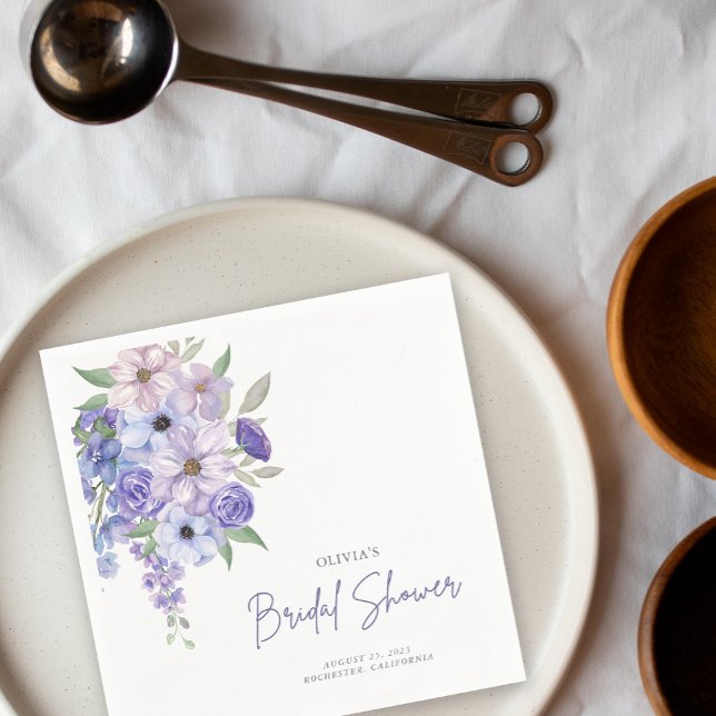 Chic Watercolor Purple Flower Script Bridal Shower Napkin (Chic Watercolor Purple Flower Script Bridal Shower Napkins)
