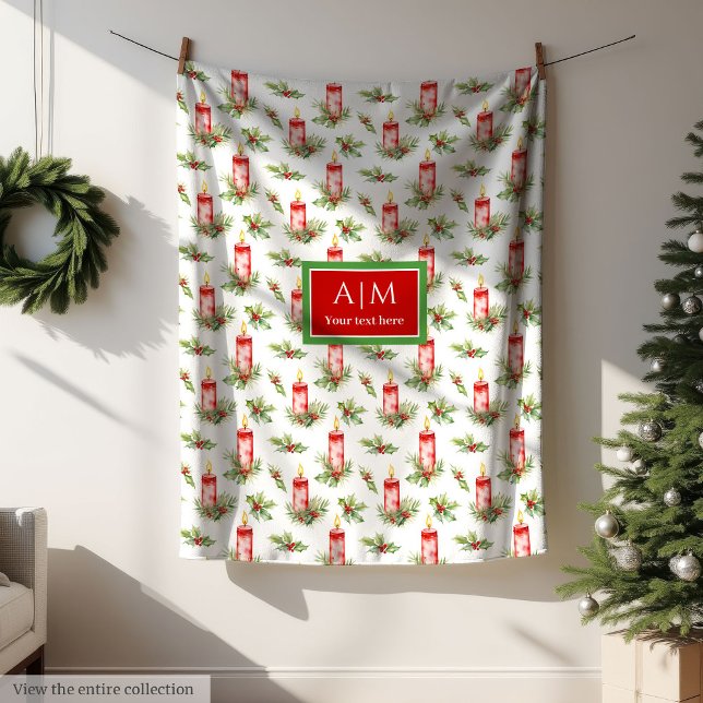 Chic watercolor red Christmas candles personalised Fleece Blanket (Chic watercolor red Christmas candles personalized Fleece Blanket)