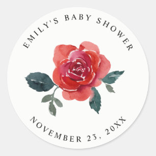 CHIC WATERCOLOR RED GREEN ROSE FLORAL BABY SHOWER CLASSIC ROUND STICKER