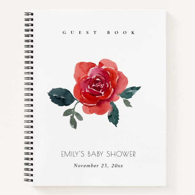 CHIC WATERCOLOR RED GREEN ROSE FLORAL BABY SHOWER NOTEBOOK (Front)