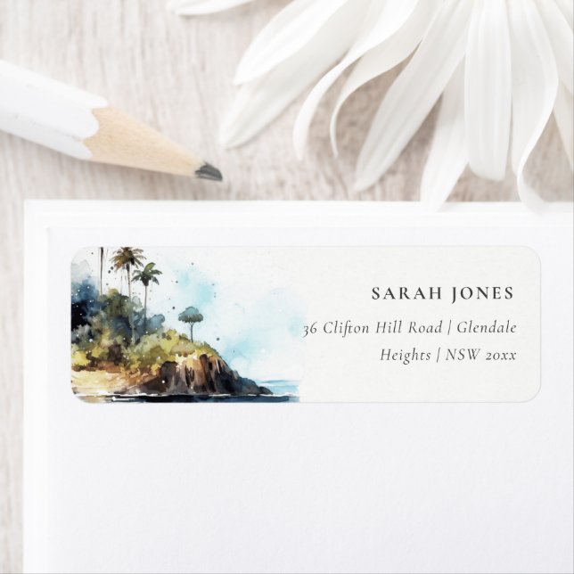 Chic Watercolor Seascape Palm Tree Island Address (Insitu)