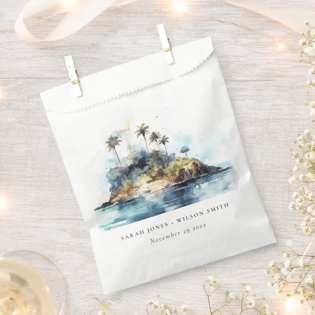 Chic Watercolor Seascape Palm Tree Island Wedding Favour Bags (Clipped)