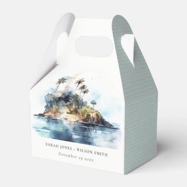 Chic Watercolor Seascape Palm Tree Island Wedding Favour Box (Front Side)