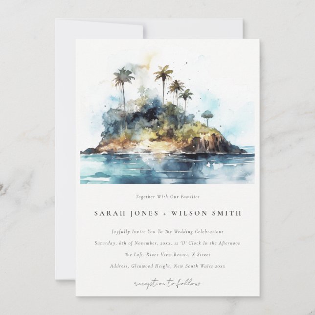 Chic Watercolor Seascape Palm Tree Island Wedding Invitation (Front)
