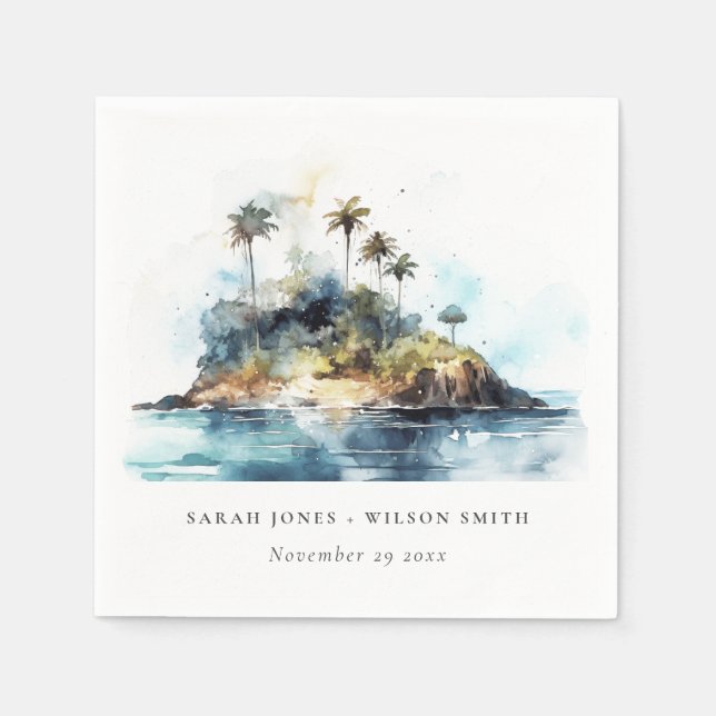 Chic Watercolor Seascape Palm Tree Island Wedding Napkin (Front)