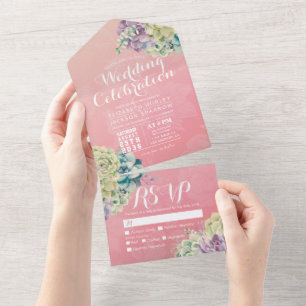 Chic Watercolor Succulent Pink Flower Wedding RSVP All In One Invitation
