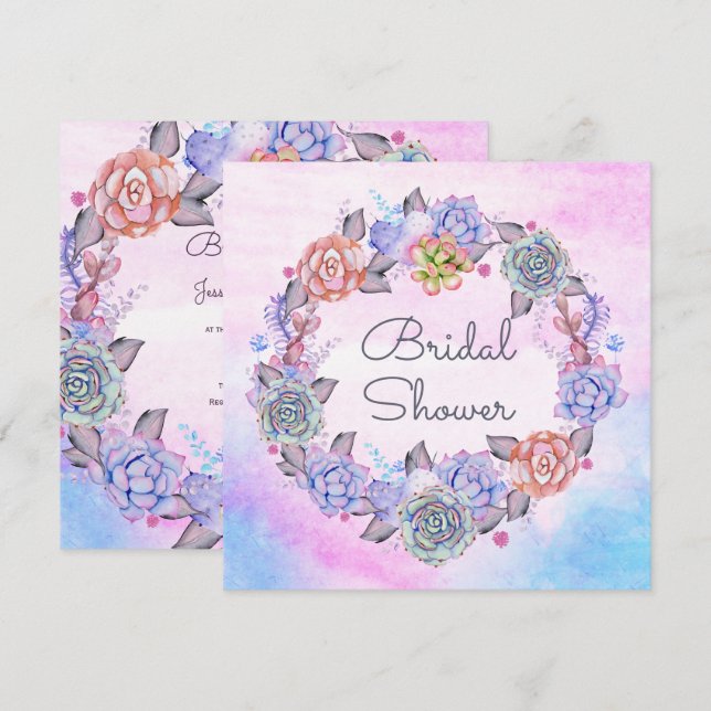Chic Watercolor Succulents Wreath Bridal Shower Invitation (Front/Back)