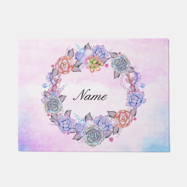 Chic Watercolor Succulents Wreath Doormat (Front)