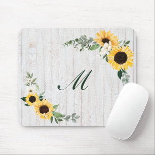 Chic Watercolor Sunflower Wreath Whitewood Initial Mouse Mat