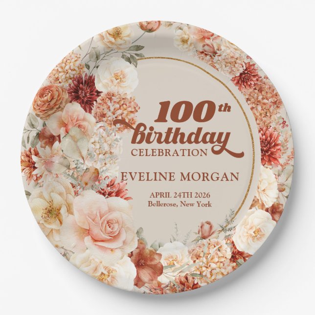 Chic watercolor terracotta burgundy 100th birthday paper plate (Front)