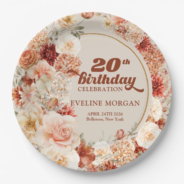 Chic watercolor terracotta burgundy 20th birthday paper plate (Front)