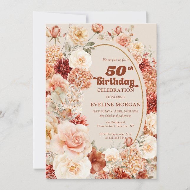 Chic watercolor terracotta burgundy blush 50th invitation (Front)