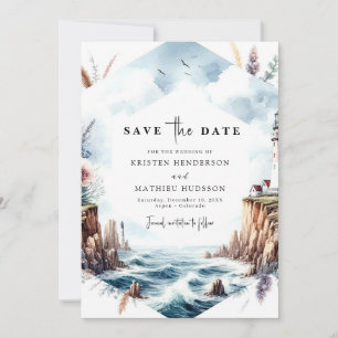 Chic Watercolor Waves Lighthouse Wedding Save The Date