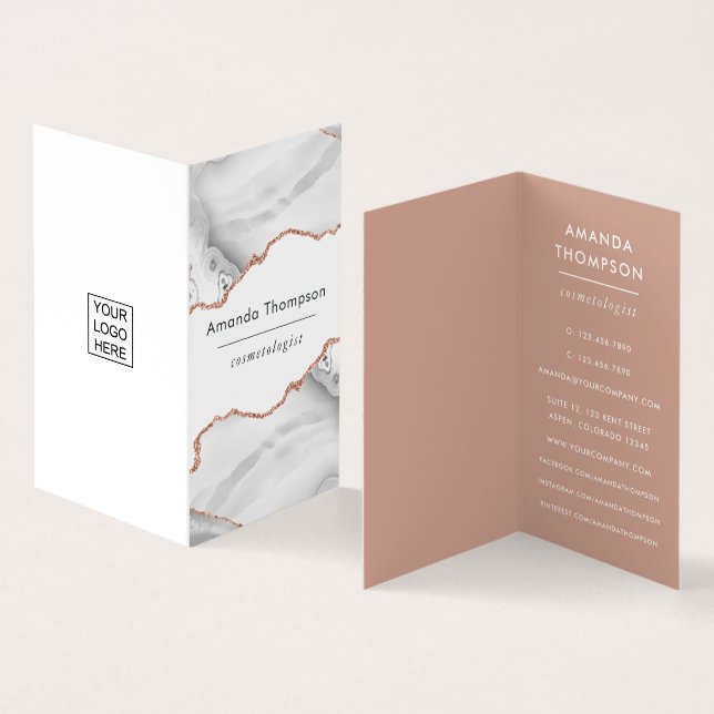 Chic Watercolor White and Rose Gold Agate Business Card (Inside and Outside)