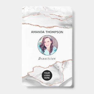 Chic Watercolor White and Rose Gold Agate Business ID Badge
