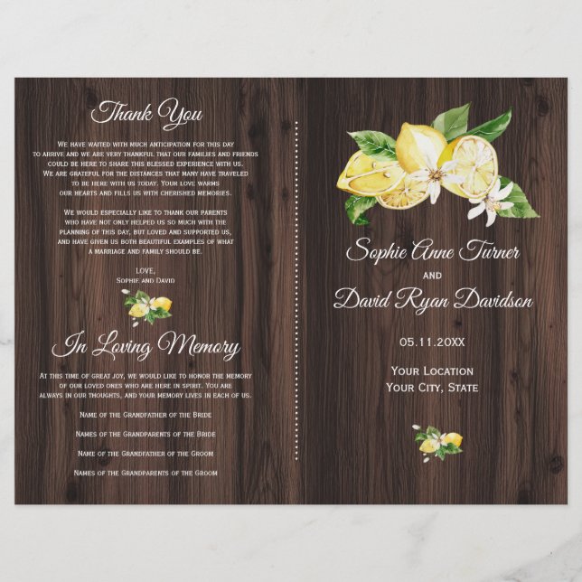 Chic Watercolor White Floral Wood Wedding Program (Front)