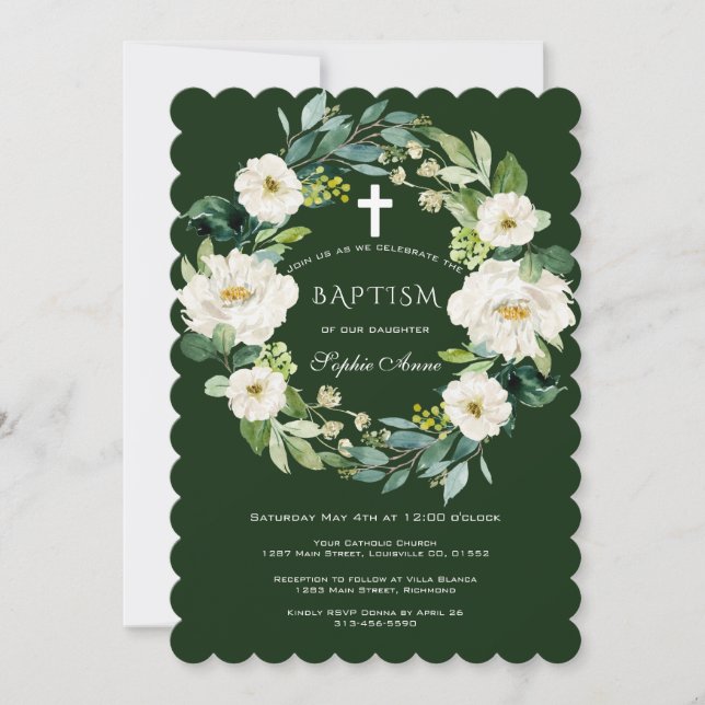 Chic Watercolor White Floral Wreath Cross Baptism  Invitation (Front)