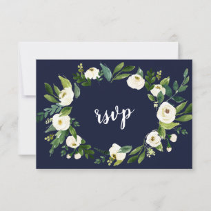 Chic Watercolor White Floral Wreath Dark Blue RSVP