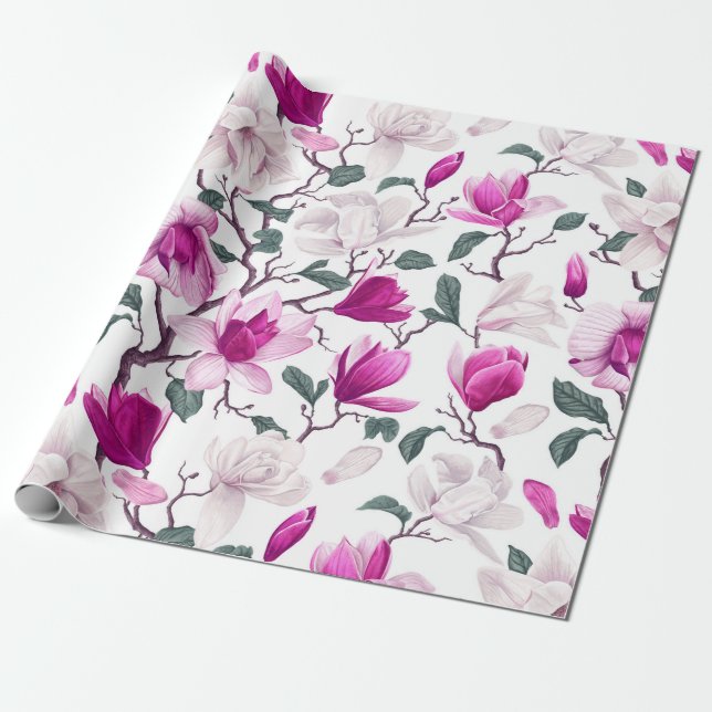Chic Watercolor White Hot Pink Magnolias Pattern  Wrapping Paper (Unrolled)