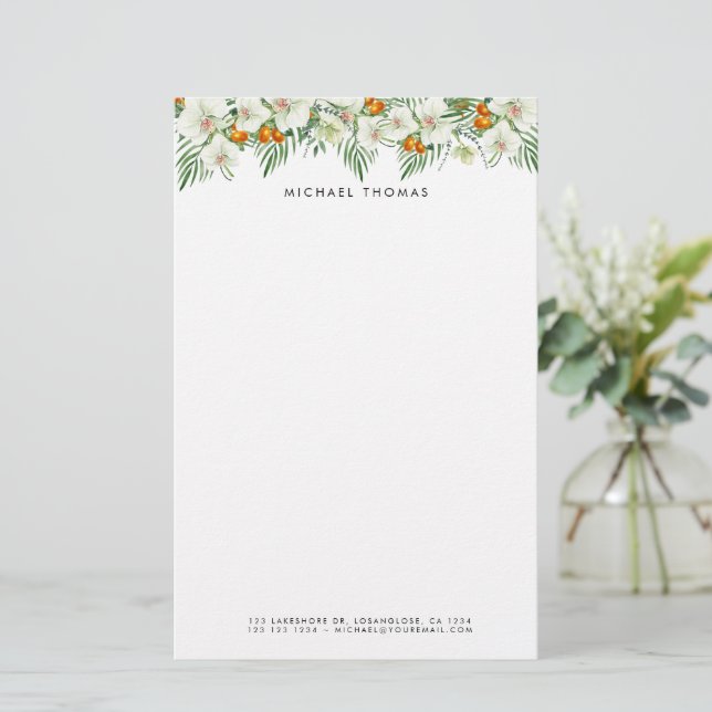 Chic Watercolor White Orchids Kumquats Personised  Stationery (Standing Front)