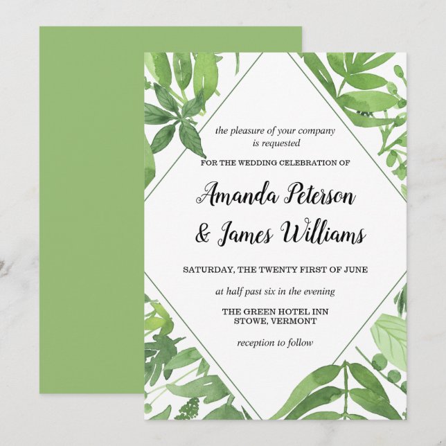 Chic Watercolor wild meadow green diamond Wedding Invitation (Front/Back)