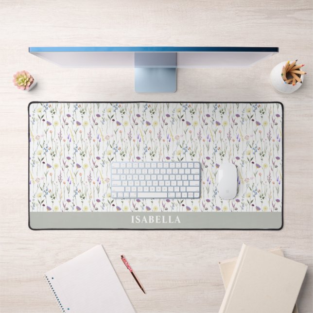 Chic Watercolor Wildflower Personalised Name Desk Mat (Office 1)