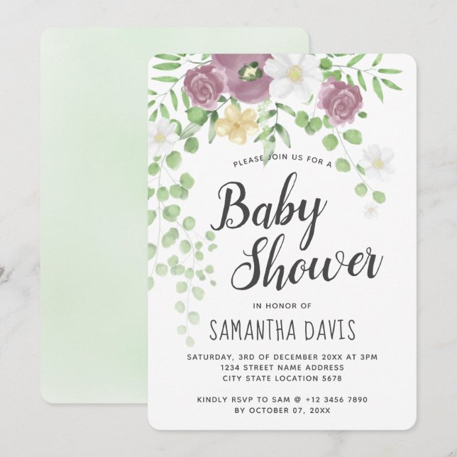 Chic Watercolor Wildflowers Garden Baby Shower Invitation (Front/Back)
