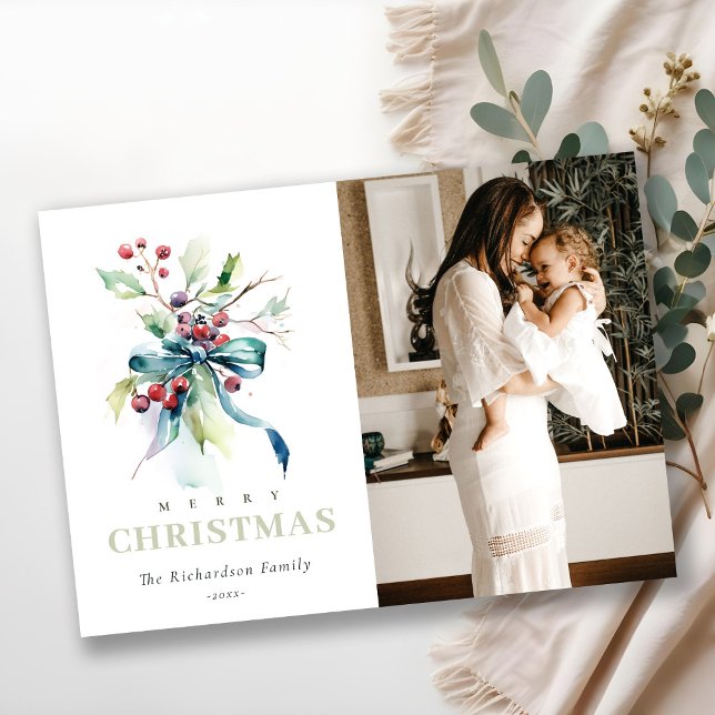 Chic Watercolor Winter Berries Christmas Photo Holiday Card (Creator Uploaded)