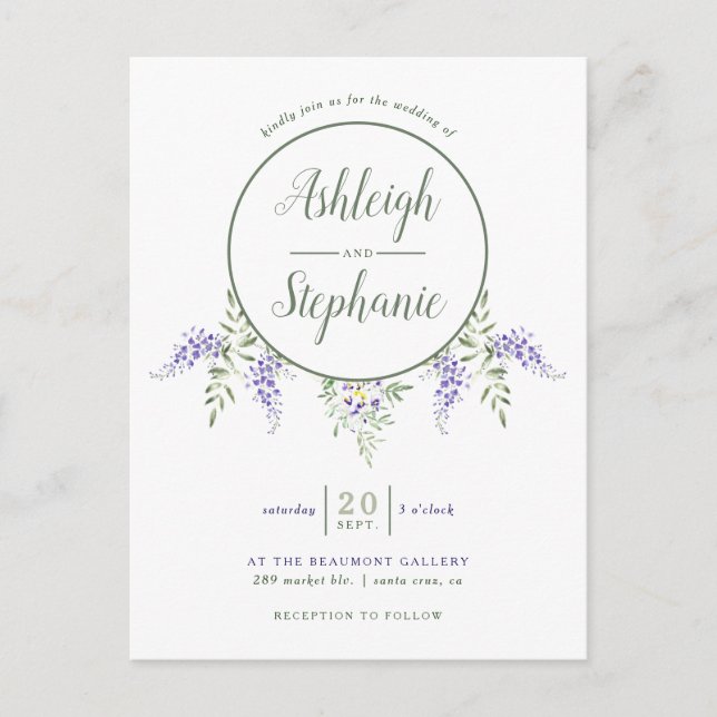 Chic Watercolor Wisteria Drop Wedding Invitation Postcard (Front)