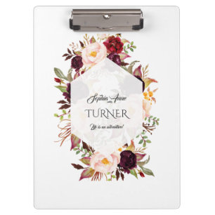 Chic  Watercolour Burgundy Floral Navy Monogram Clipboard