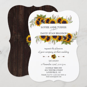 Chic Watercolour Sunflowers Frame Wood Wedding Invitation