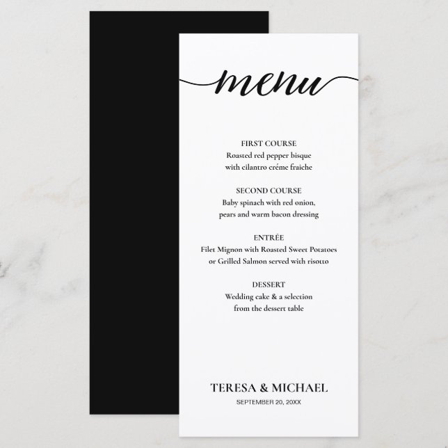 Chic Wedding Black and white Simple Editable Menu (Front/Back)
