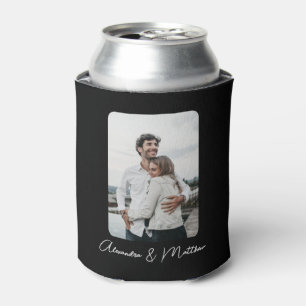 Chic Wedding Black Calligraphy Personalised Photo Can Cooler