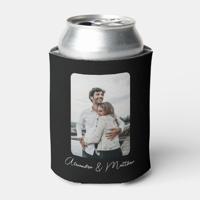 Chic Wedding Black Calligraphy Personalised Photo Can Cooler (Can Front)