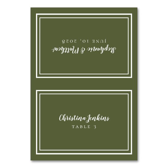 Chic Wedding Custom Guest Place Card Olive Green (Front)