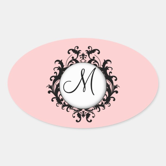 Chic Wedding Initial Damask Label Pink Oval (Front)