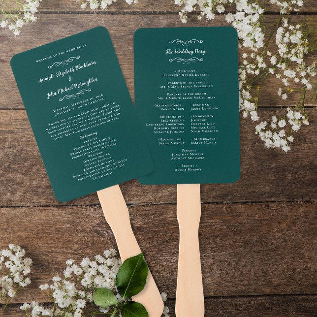 Chic Wedding Modern Ceremony Emerald Green Program Hand Fan (Creator Uploaded)
