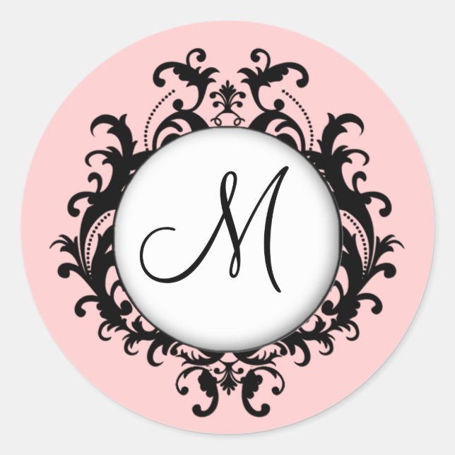 Chic Wedding Monogram Damask Label Pink (Front)