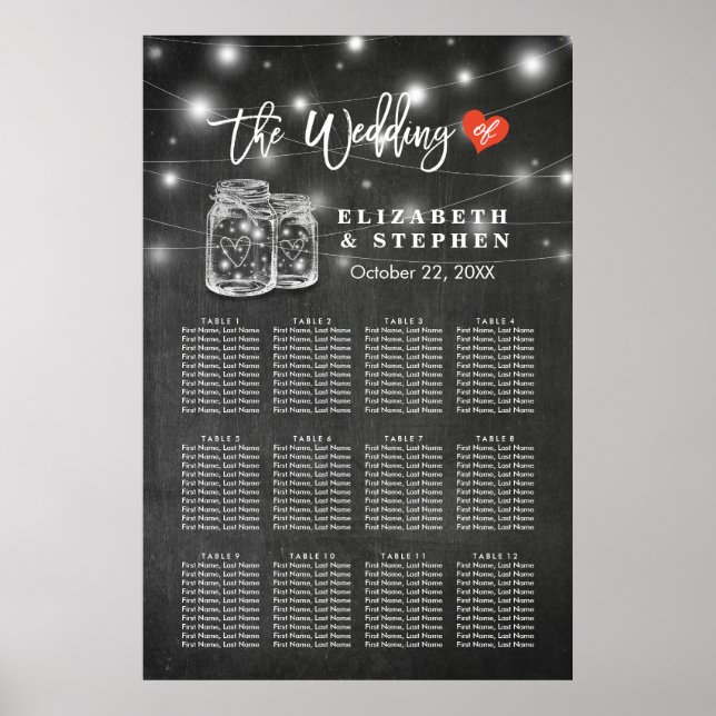 Chic Wedding Seating Chart Mason Jar String Lights (Front)