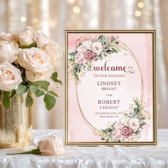 Chic Wedding Welcome Dusty Pink Floral Gold Poster (Chic Wedding Welcome Dusty Pink Floral Gold)
